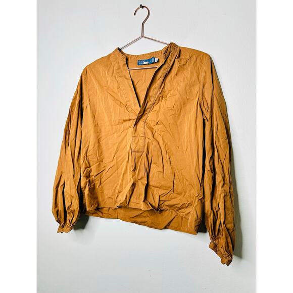 POLO RALPH LAUREN Tan Brown Cropped Blouse Long Sleeve Collared Shirt Size 10 - Picture 1 of 8